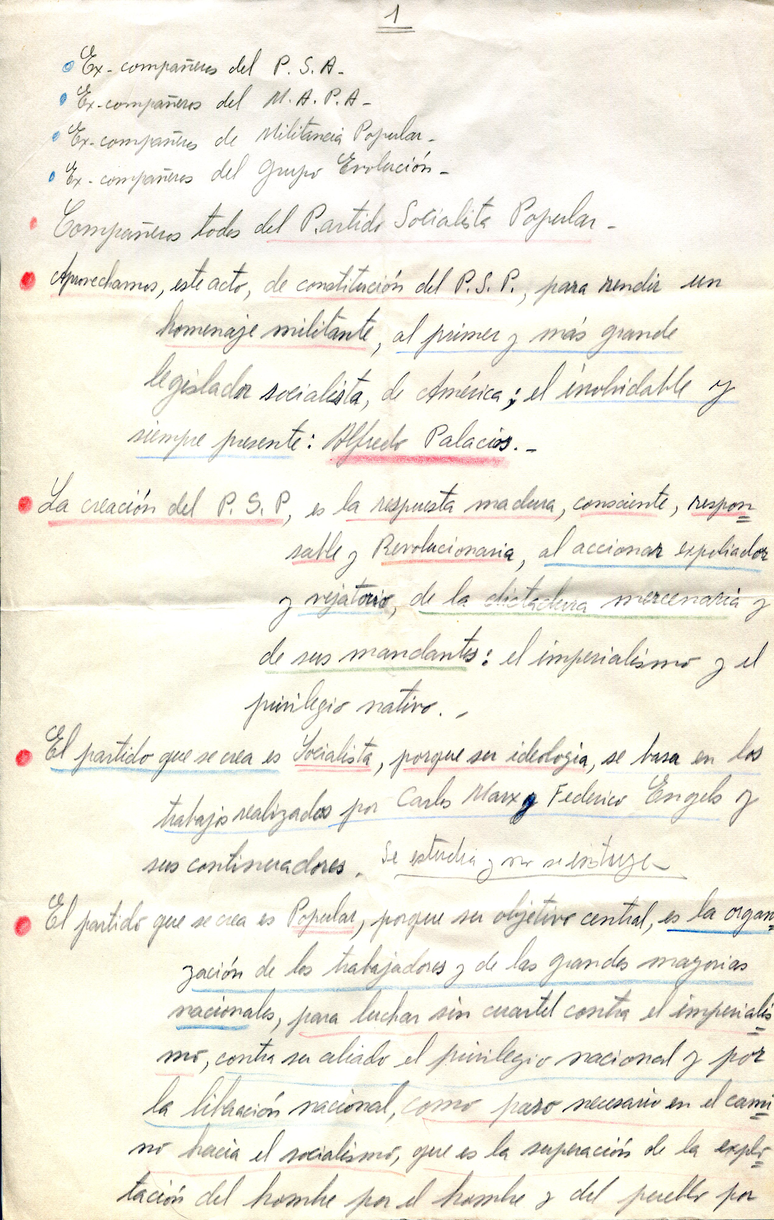 Manuscrito del discurso, hoja 1: Image